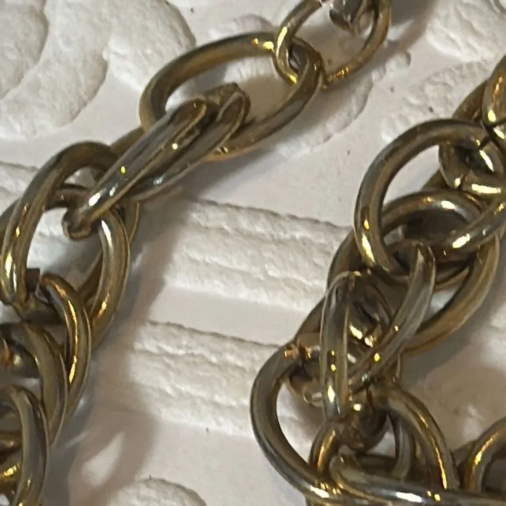 Vintage Gold Tone Long Chunky Chain Necklace With‎ Faux Amber Beads 30”